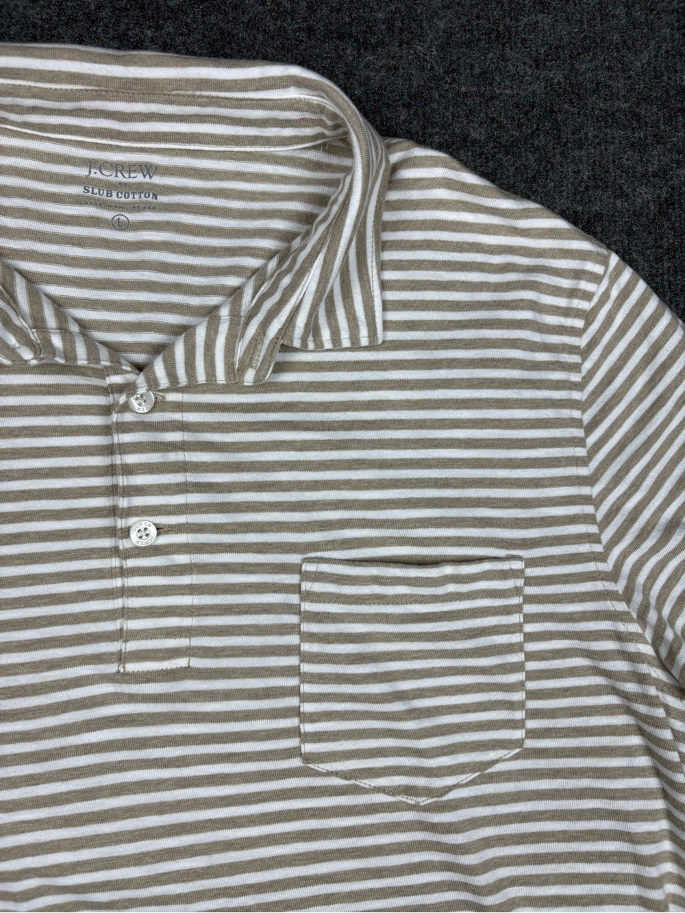 J. Crew Tan and White Striped Polo with Chest Pocket